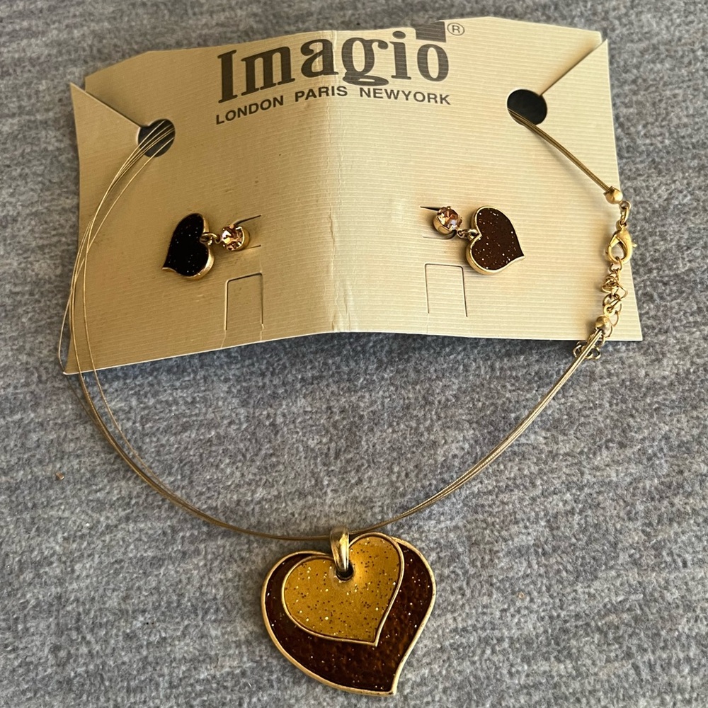 Imagio double heart necklace and earring set gold tone multi strand lightweight‎